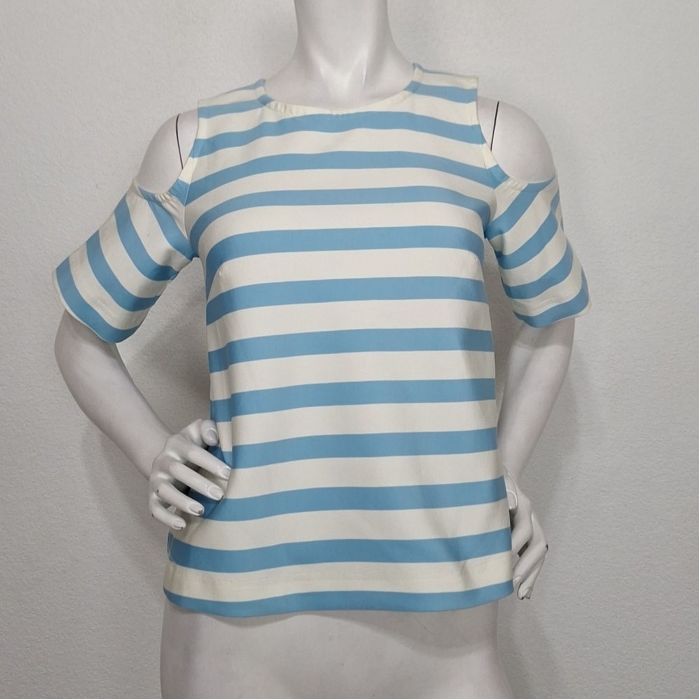 Tanya Taylor Preppy Blue & White Stripe Cold Shoulder Blouse Made in USA Size 6 - Picture 1 of 13